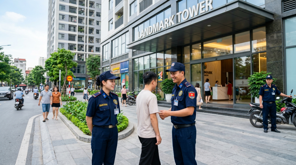 nam nữ bảo vệ tòa nhà