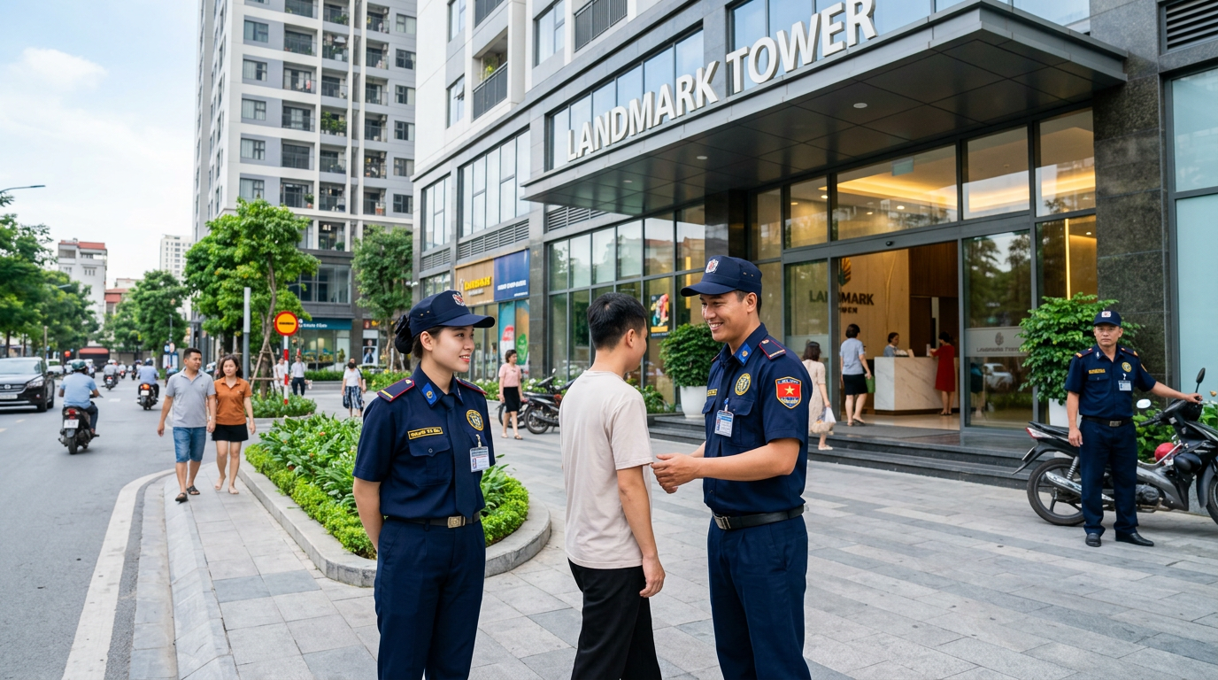 nam nữ bảo vệ tòa nhà